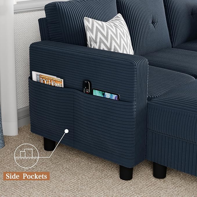 Shintenchi 76" Modern Upholstered Sectional Sofa, L-Shaped Couch with Storage Ottoman and Reversible Chaise for Living Room, Blue Linen Fabric