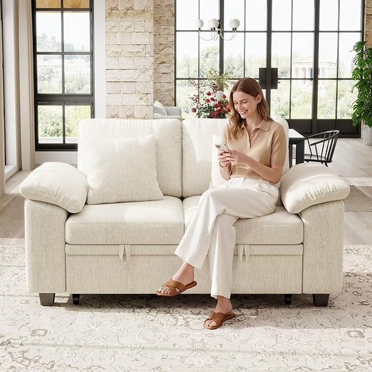Ihanherry 61" Loveseat Sleeper Sofa, 2-in-1 Pull Out Couch Bed with 2 Pillows, Chenille Convertible Sofa Bed, Small Space Sleeper Couch for Living Room Apartment (Beige)