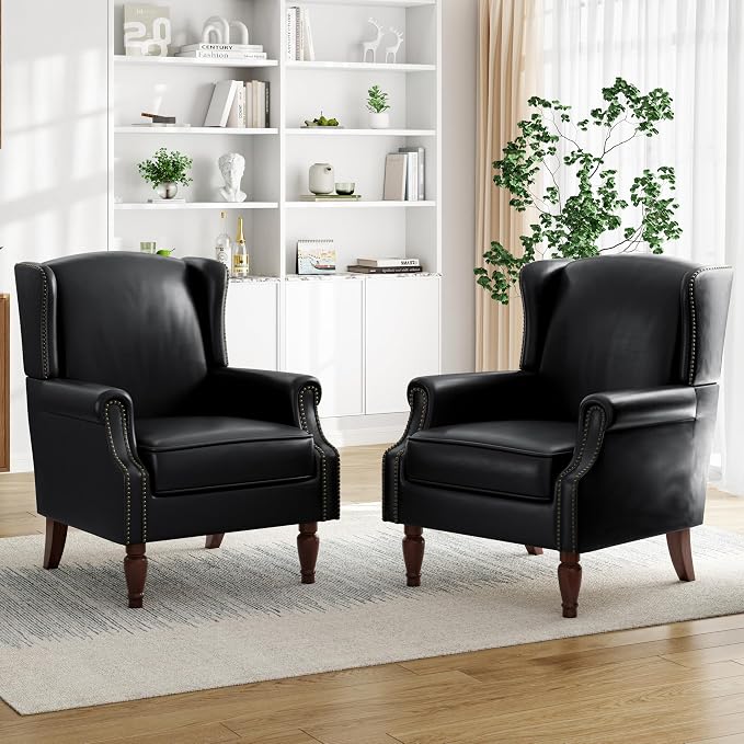 Pia Ricco High Back Floral Accent Chair - Retro Wingback Upholstered Armchair in Faux Leather, Nailhead Trim & Solid Wood Legs for Living Room Bedroom Reading Chair(Black