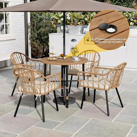 DWVO 5 Piece Patio Dining Sets, Outdoor Dining Furniture Set with 2" Umbrella Hole, Wicker Rattan Round Table and Chairs Set with Comfortable Cushions for Patio, Balcony, Backyard, Beige