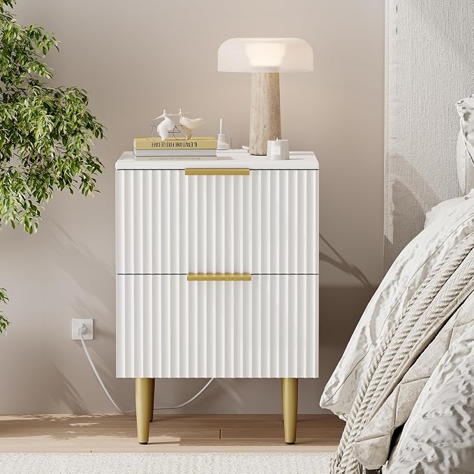 Akxomel White Nightstand Set of 2, Fluted Night Stand with Charging Station, 13.8" D x 15" W x 23.2" H, 2 Drawers Modern Bedside Table with USB Ports and Outlets, Golden Side Table for Bedroom