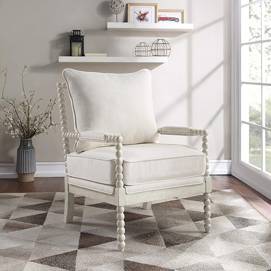 OSP Home Furnishings Kaylee Spindle Accent Chair with Antique White Wood Frame, White Linen Fabric
