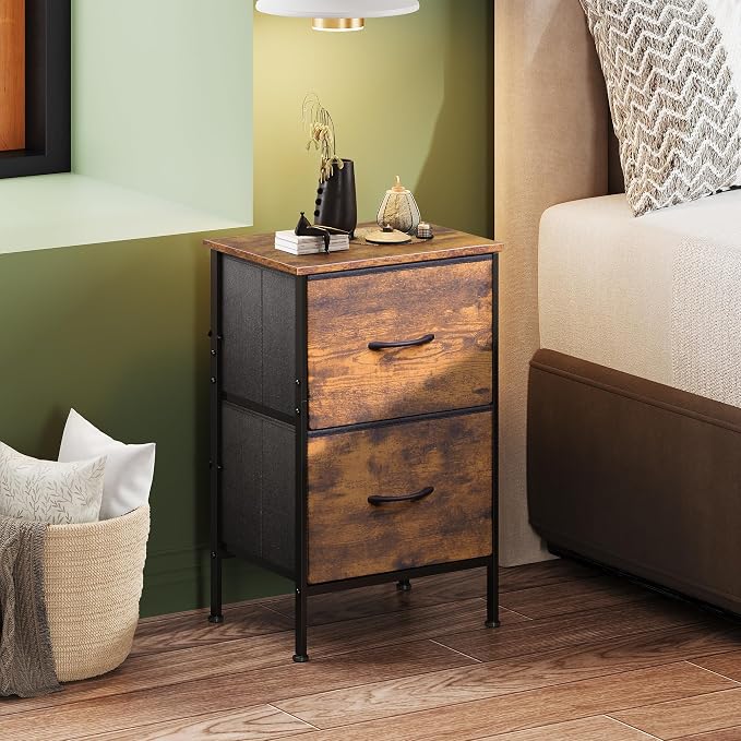 WLIVE Night Stand, Small Dresser with 2 Drawers & Wooden Top, Nightstand with Fabric Bins, Bedside Table End Table for Bedroom, Closet, Entryway, College Dorm, Rustic Brown