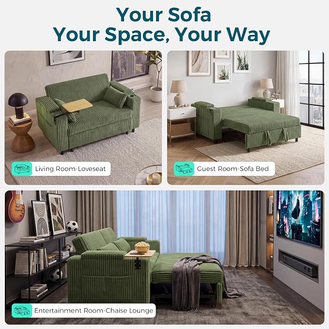 LINSY HOME 3-in-1 Pull Out Sofa Bed, 58" Convertible Sleeper Sofa for Living Room, 360° Swivel Table, Storage Armrests, Charging Station, Cup Holders, 2 Pillows, Corduroy Loveseat Futon Couch, Green