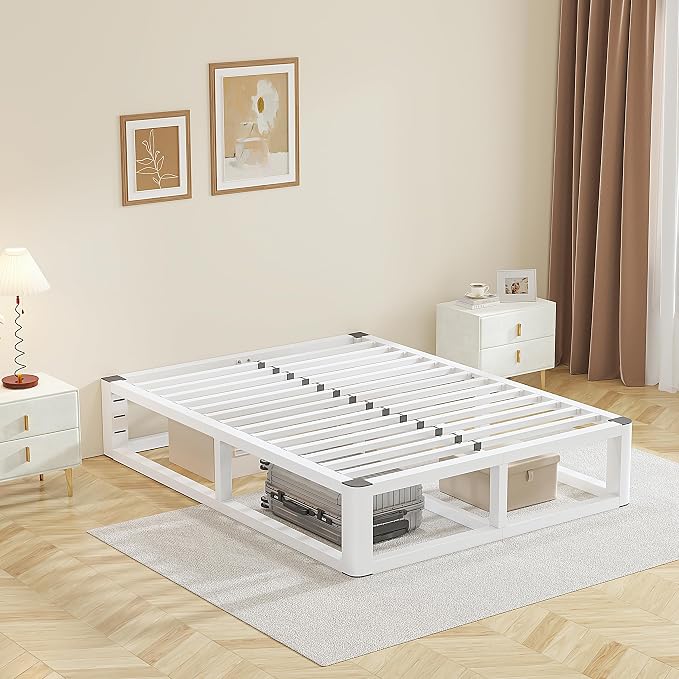14 Inch Full Size Bed Frame with Rounded Corner and Headboard Hole, Metal Platform Bed Frames 6 Non-Slip Guards, 3500lbs Heavy Duty Steel Slat Support, Squeak Free, No Box Spring Needed, White