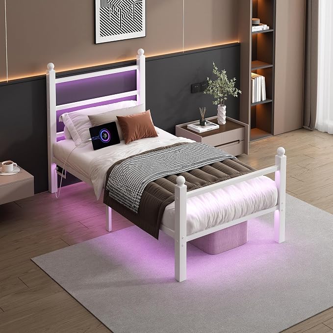 CLIBFENG Twin Bed Frame with Headboard and Footboard,Steel Slats Support-LED Bed Frame with USB Charging Station,Mattress Foundation-Under Bed Storage,No Box Spring Needed,Noise Free,White