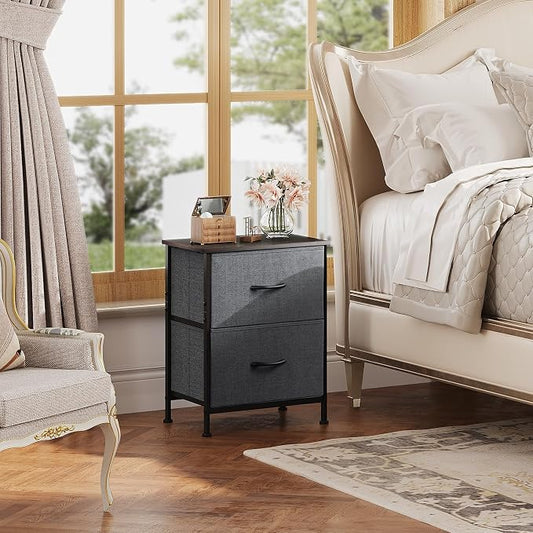WLIVE Night Stand Set 2, Dresser and Nightstand Sets, Small Dresser for Bedroom with 2 Drawers, End Table with Fabric Bins for Closet, Bedside Furniture, College Dorm, Dark Grey