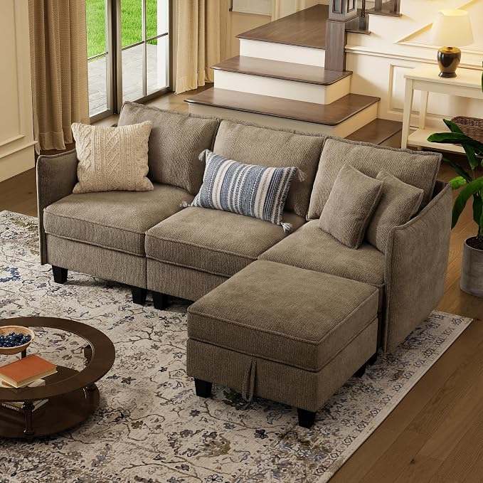WorthFurni Modular Sectional Sofa L Shape Couches with Storage Ottoman and Washable Cushion Cover for Living Room, Apartment, Bedroom(Brown)