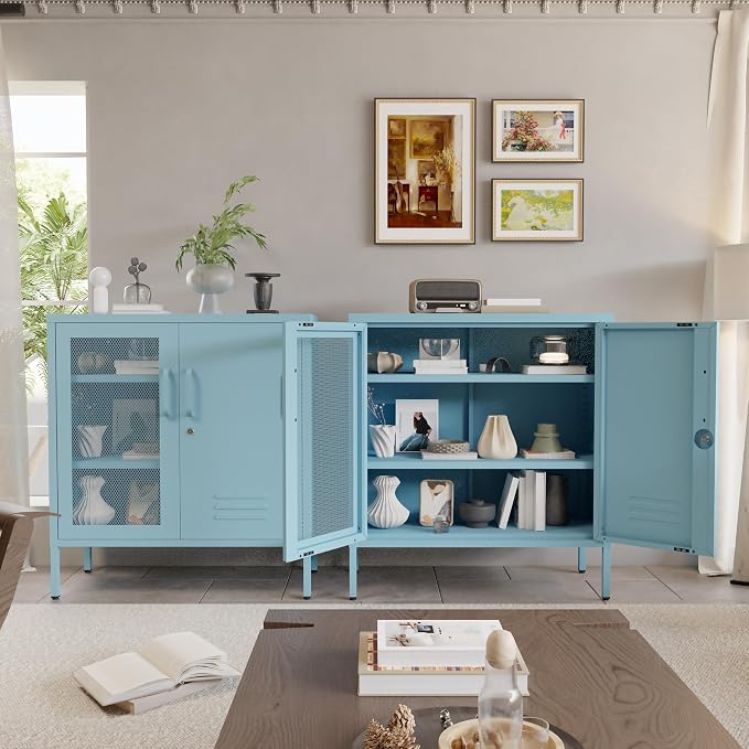Blue Metal Locker CabinetsMetal Locker Storage Cabinet with Mesh Doors and Adjustable Shelves Coffee Bar Cabinet,Kitchen Pantry Storage Cabinets for Home, Office, Entryway and Hallway