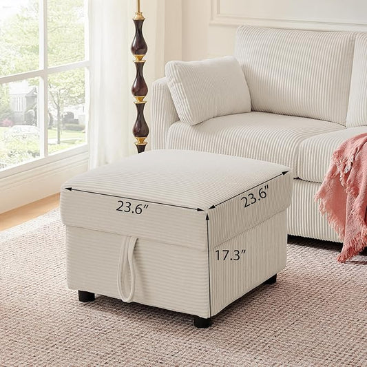 Corduroy Storage Ottoman for Living Room Sofas Couches, Square Ottoman with Storage Space Foot Rest Stool for Apartment, Dorm, Entryway, Cream White