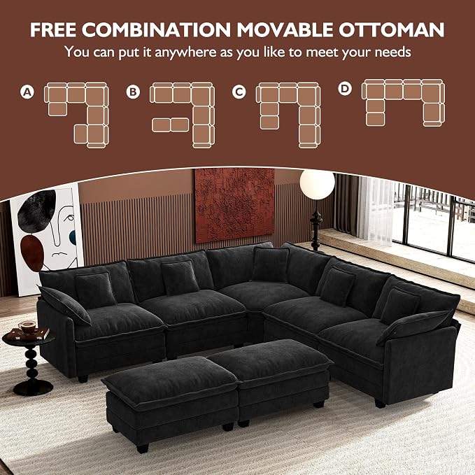 Ihanherry 114" V-Shaped Modern Sofa Modular Sectional Cloud Couch with 2 Ottoman, 7-Seat Chenille Deep Seat Sofa with Corner Section for Living Room, Bedroom and Apartment, Black