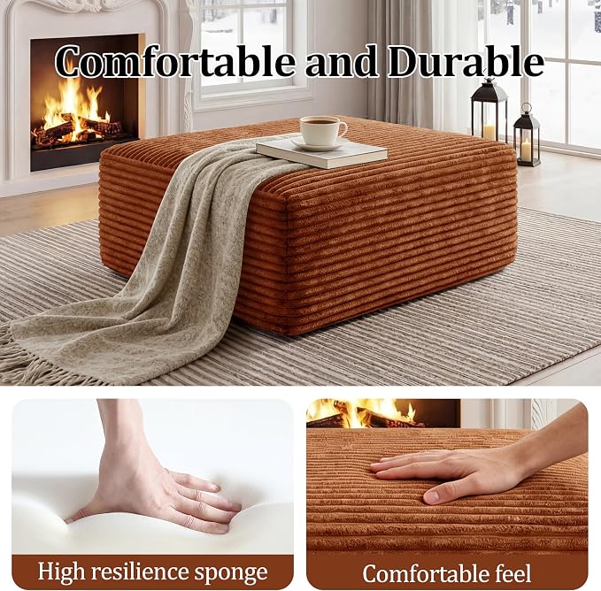 Corduroy Ottoman, Modern Boneless Cloud Foot Rest Foam Support, Oversized Modular Sectional Sofa Rectangel Stool for Living Room, Bedroom & Small Spaces, No Assembly Required (Orange, Ottoman)