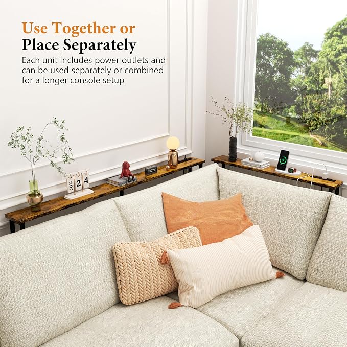 Keelian 39" Sofa Table Narrow Long with Power Outlets & 2 USB Ports, Metal Frame Behind Couch Table Behind Sofa Perfect for Hallway, Living Room, Entrance Easy Assembly, 4.9' Extension Cord Included