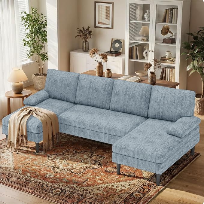 Korser U-Shaped Sectional Couches for Living Room, 101" Modular Sofa Set with Double Chaise, 4-Seat Chenille Couch with High-Density Foam for Apartment, Pewter