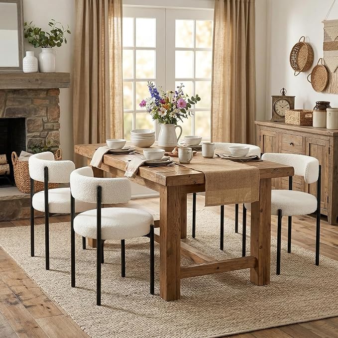 Boucle Dining Chairs Set of 2, White Dining Chairs with Upholstered Seat and Round Back, Mid-Century Modern Kitchen Chairs for Dining Room, Restaurant