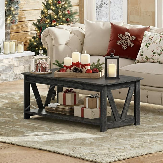 WLIVE Coffee Table, 43" Farmhouse Coffee Table with Storage Shelf & Sturdy V-Shaped Support, Wood Center Table for Living Room, Bedroom, Office and Balcony, Black