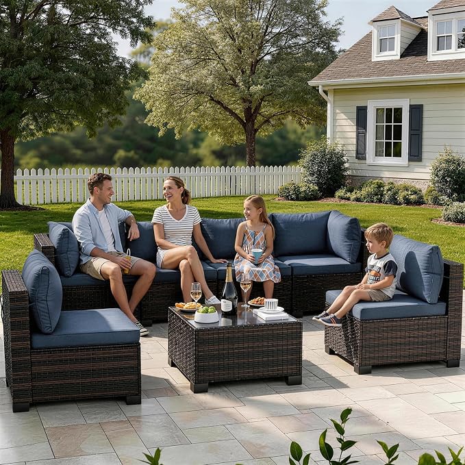 LAFWELL 7 Pieces Outdoor Patio Furniture Sets,Rattan Conversation Sectional Set,Manual Weaving Wicker Patio Sofa with Tea Table