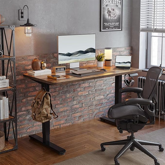 TIQLAB Standing Desk 47 x 24 inch, Electric Height Adjustable with Splice Board, Stand Up Desk, for Home Office, Black Frame/Rustic Brown Top