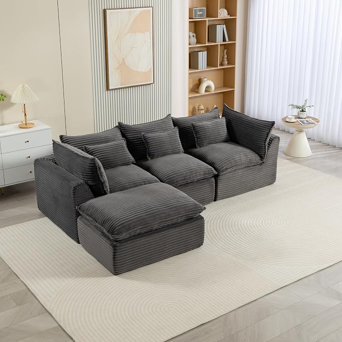Boneless Couch Sectional Sofas Cloud Couches for Living Room | 102.3'' Modern Modular Cloud Sofa with Pillows and Ottoman for Bedroom