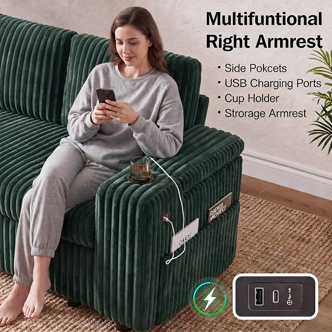 WEUP 111" Modular Sectional Sleeper Sofa with Pull Out Bed, 8 Seat Plush Corduroy U Shaped Couch with Storage Chaise|USB Ports|Cup Holders|Side Table|Storage Armrests, Tool Free Assembly, Green