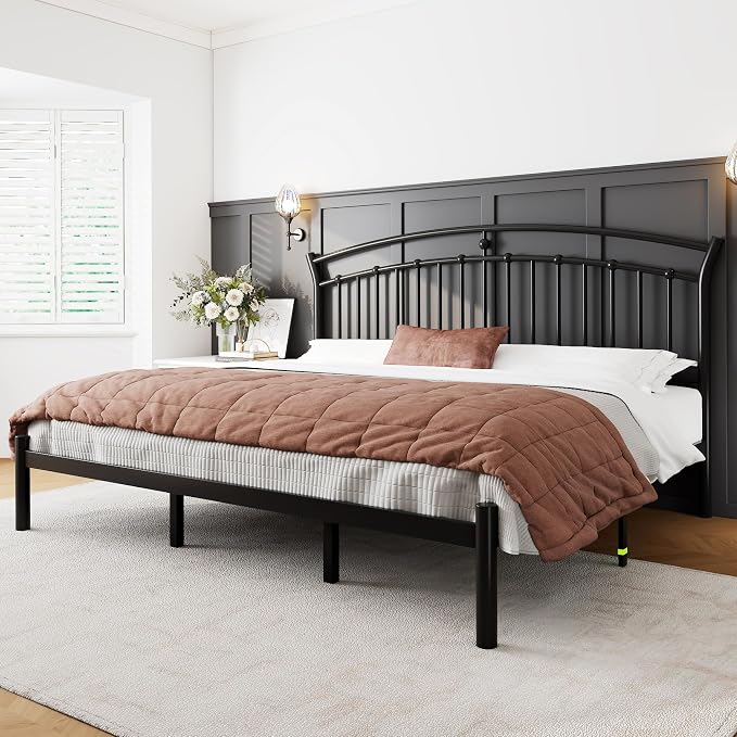 Feonase King Size Bed Frame with Headboard, Heavy-Duty Metal Black Bed Frame with 13 Hardened Steel Slats, 12" Under-Beds Storage, Noise-Free, Easy Assembly