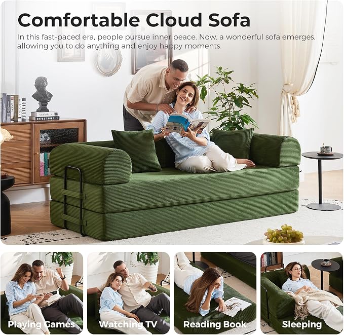79" 5-in-1 Convertible Sofa Bed No Assembly, Boneless Couch Bed with High Density Foam, Foldable Sleeper Sofa, Corduroy Modular Couch for Apartment, Studio, Dorm Room, Small Space, Olive Green
