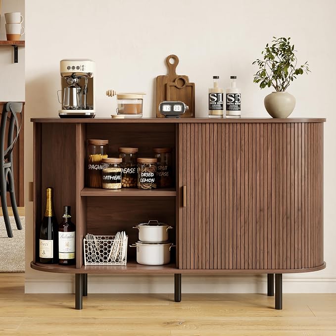Buffet Sideboard Cabinet with Storage, 48" Fluted Cabinet with Sliding Door & Adjustable Shelf, Modern Accent Coffee Bar Console Table for Kitchen, Entryway, Walnut