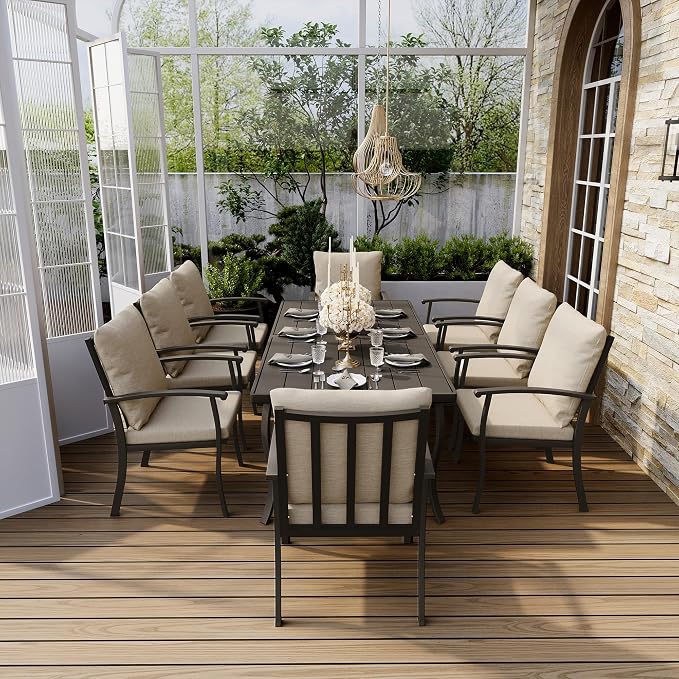 HAPPATIO Aluminum 9 Piece Patio Dining Set - Aluminum Outdoor Dining Set for 8, Patio Dining Table and Chairs Set, Patio Furniture with Table and Chairs (Black)