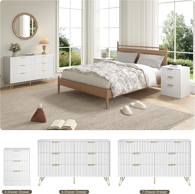 White 6 Drawer Dresser with Golden Handle, Fluted Wood Dressers, Modern Chest for Bedroom, Living Room, Hallway, Entryway