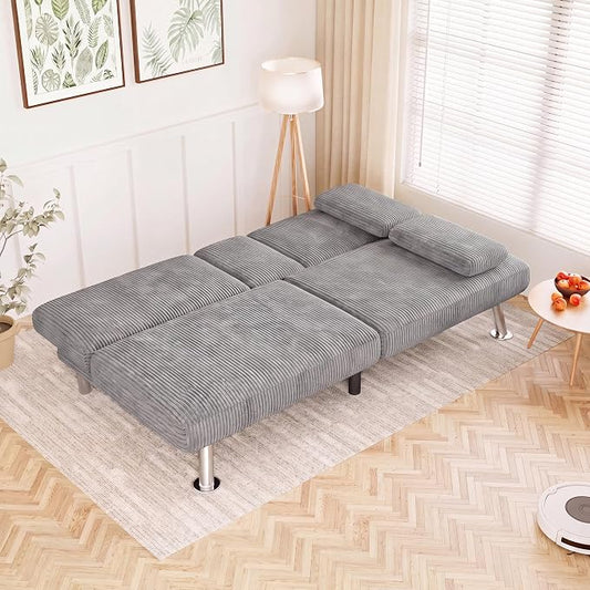 Flamaker Futon Sofa Bed Modern Folding Futon Set Convertible Recliner Lounge for Living Room with 2 Cup Holders, Removable Armrests (Corduroy, Marble Grey)