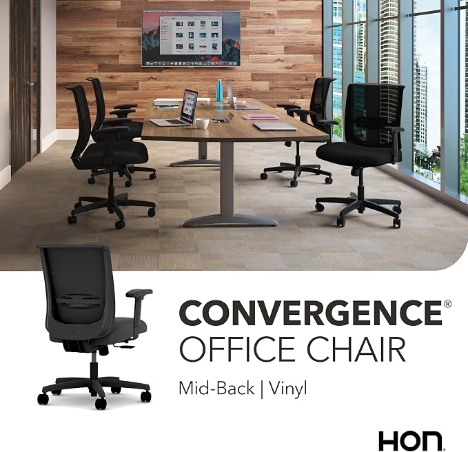 HON Convergence Ergonomic Office Chair with Mesh Back, Vinyl Seat Cushion, Adjustable Arms, Lumbar Support, Synchro‑Tilt Swivel Desk Chair with Wheels for Home Office, Black Frame, Black