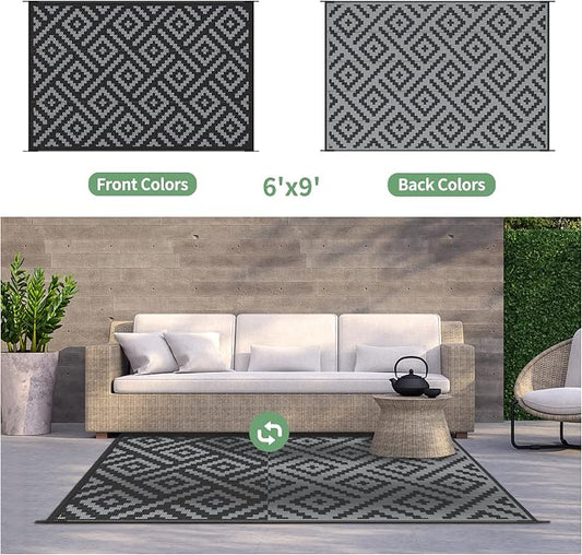 GENIMO Outdoor Rug for Patio Clearance,6'x9' Waterproof Mat,Reversible Plastic Camping Rugs,Rv,Porch,Deck,Camper,Balcony,Backyard,Black & Gray