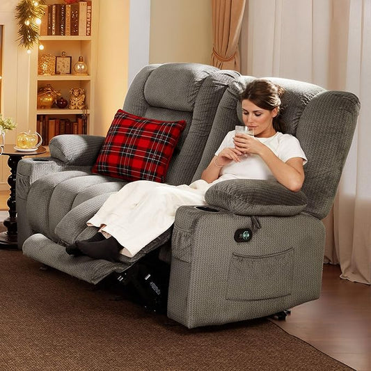 MCombo Zero Gravity Power Reclining Sofa with Heat and Vibration Massage, 3 Seater Reclining Couch with USB Ports, Cup Holders for Living Room, Fabric PR648SET (Grey)