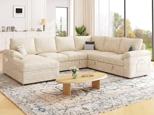 108 Inch Modular Sectional Sofa with Pull Out Bed,U Shaped 7 Seat Sectional Sleeper Sofa with Storage,Sectional Couches for Living Room,Cloud Modular Couch,Removable Sofa Cover,Beige