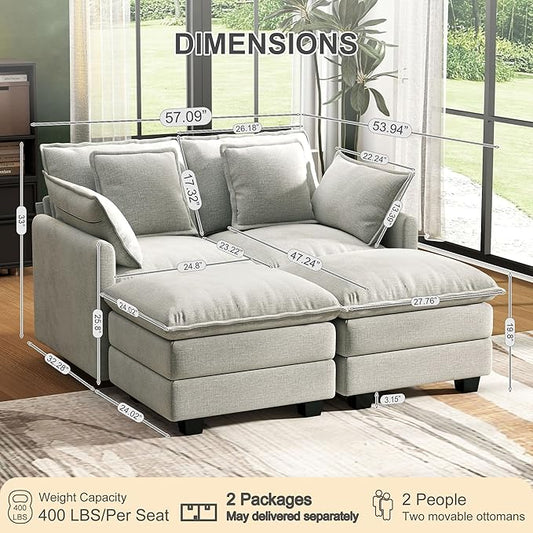 58" Cloud Couch Loveseat, Deep Seat Modular Sectional Sofa with 4 Removable Washable Pillows and 2 Ottoman for Living Room, Bedroom, Apartment, Light Grey