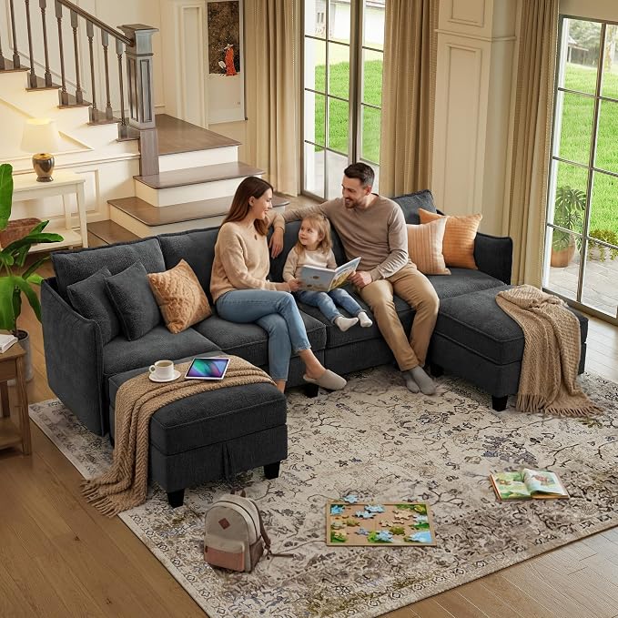 WorthFurni 112" Modular Sectional Sofa U Shape Couches with Storage Ottoman and Washable Cushion Cover for Living Room, Bedroom, Apartment(Black)