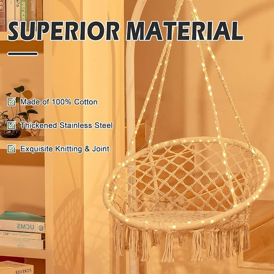 Sonyabecca LED Macrame Hammock Hanging Swinging Chair, Indoor/Outdoor Hanging Chair with 472" LED String for Bedroom, Patio, Deck, Yard, and Garden, Comfy Large Size 55x75 cm (No Stand)