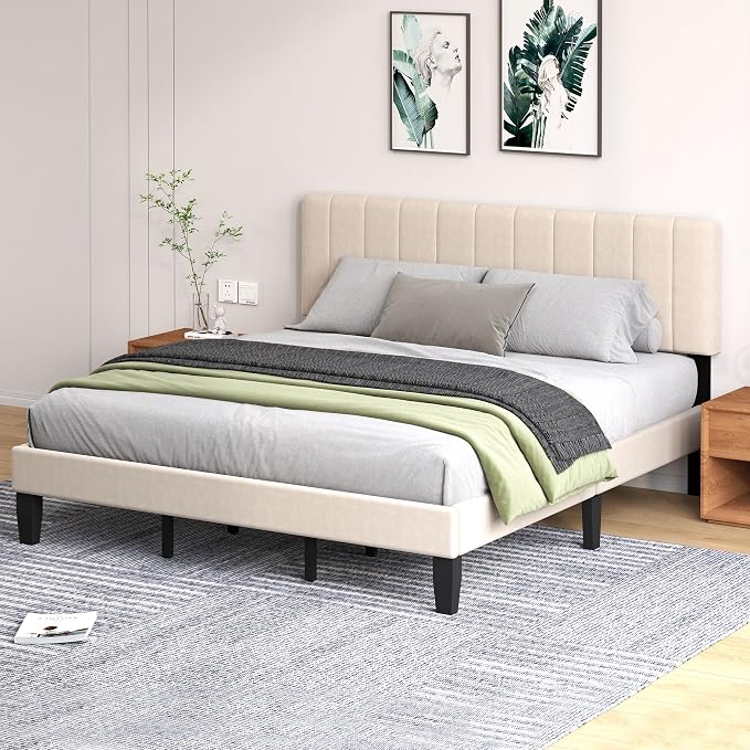 King Size Bed Frame with Headboard, Platform Bed with Soft Velvet Upholstered Headboard | Wooden Slats Support | Adjustable Height | No Box Spring Needed, King Bed Frame Beige