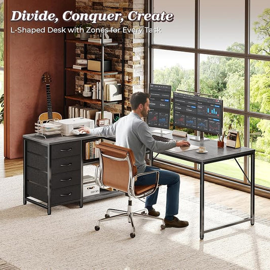 PRAISUN 61" L Shaped Desk with Power Outlets & USB-C Port, Reversible Computer Corner Office Desk with 4 Fabric Drawers and 2 Storage Shelves, Large Desk for Gaming Writing Study, Grey