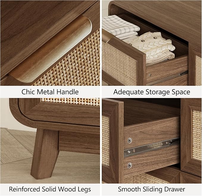 FORTUNETEC 55" Rattan 9 Drawer Dresser, Modern Farmhouse & Boho Wooden Chest of Drawers with Walnut Wood Grain, Multifunctional Storage Bedroom Set for Bedroom, Living Room, TV Stand