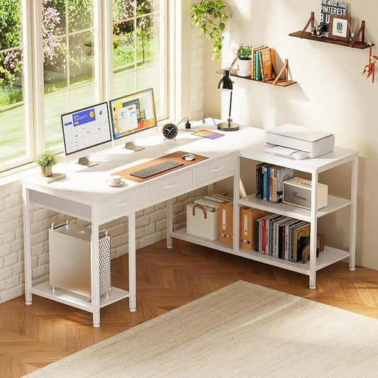 PRAISUN 55 Inch L Shaped Office Desk with Power Outlets and Type-C Port, Large Computer Gaming Desk with 3 Fabric Drawers, Mesh Shelves, Corner Study Work Writing Desk, White