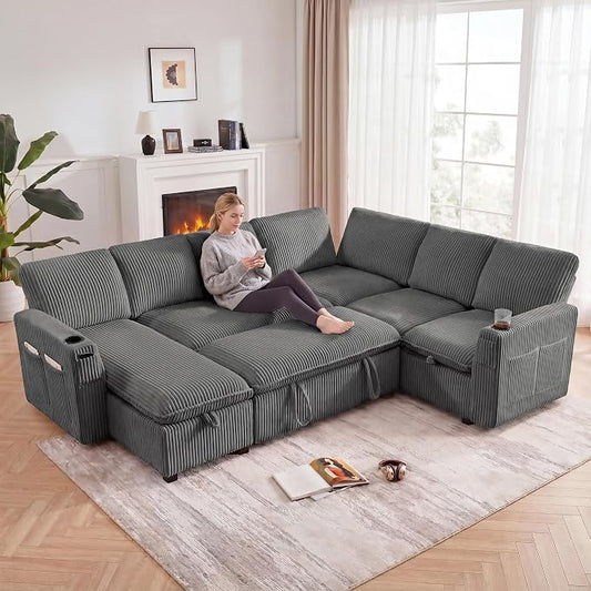 Sectional Sleeper Sofa with Pull Out Bed, Plush Corduroy 7 Seat Modular Sectional Sofa with Storage Chaise and Adjustable Backrest, Cloud Couches for Living Room, Apartment, Smoke Grey