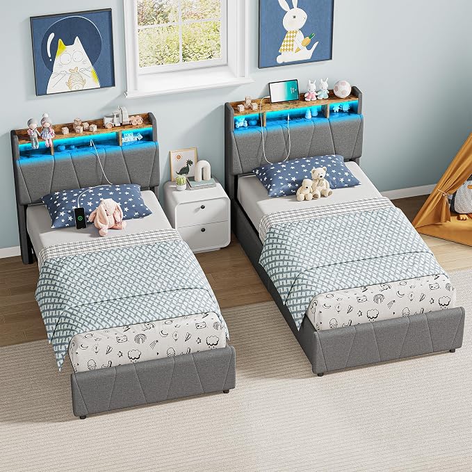 LIKIMIO Twin Bed Frame with 2 Storage Drawers, Charging Station & LED Lights, Upholstered Platform Twin Bed with Storage Headboard, Strong Wooden Slats, No Box Spring Needed, Easy Assembly, Grey