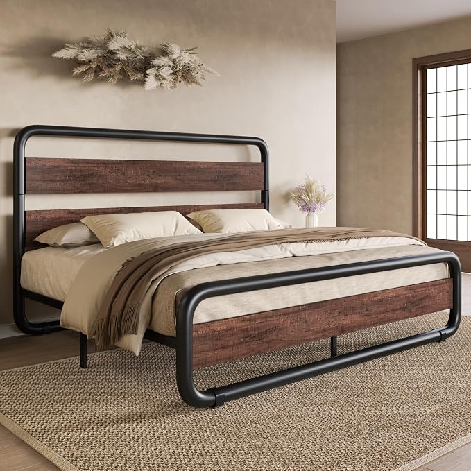 SHA CERLIN Full Size Metal Bed Frame with Wooden Headboard and Footboard, Heavy Duty Oval-Shaped Platform Bed Frame with 10" Under-Bed Storage, Noise Free, No Box Spring Needed, Mahogany