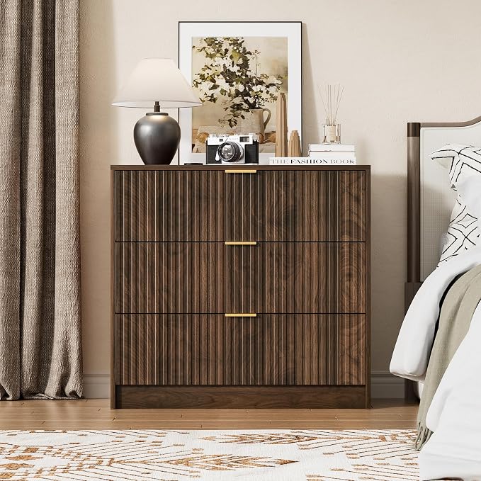 Furniway 3 Piece Bedroom Set, 9 Drawer Dresser and 3-Drawer Nightstand Set of 2 with Gold Handles, Mid-Century Modern Wood Chest of Drawers Storage Cabinet for Bedroom, Walnut