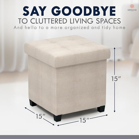 Ornavo Home Storage Ottoman with Legs, Square Cube Foot Rest Stool Seat, for Living Room, Bedroom, Home Office, Dorm - 15 x 15 x 15, Beige