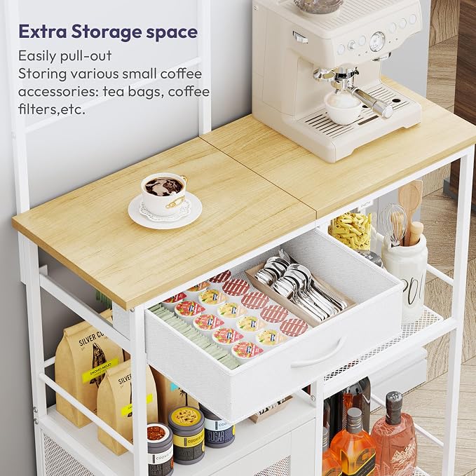 SWTYMIKI Coffee Bar with Hanging Rack - Farmhouse Coffee Stand Station Multi-Purpose Buffet Sideboard Cabinet with Drawers - Kitchen Bar Table for Living Room, Corner, Small Space, Natural