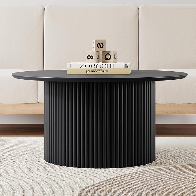 31.5" Round Coffee Table, Modern Fluted Accent Center Table with Metal Frame, Wooden Circle Coffee Tables for Living Room Small Space or Office (Black)