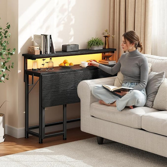 DurayLoly Folding Table with RGB Light for Small Space, 31.5" Folding Computer Desk for Space Saving Sofa Table for Couch, Home Work Office Desk with Monitor Stand, Easy to Fold with Hooks,Black