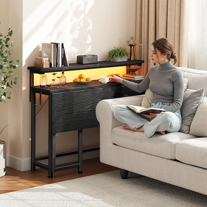 DurayLoly Folding Table with RGB Light for Small Space, 39.4" Folding Computer Desk for Space Saving Sofa Table for Couch, Home Work Office Desk with Monitor Stand, Easy to Fold with Hooks,Black
